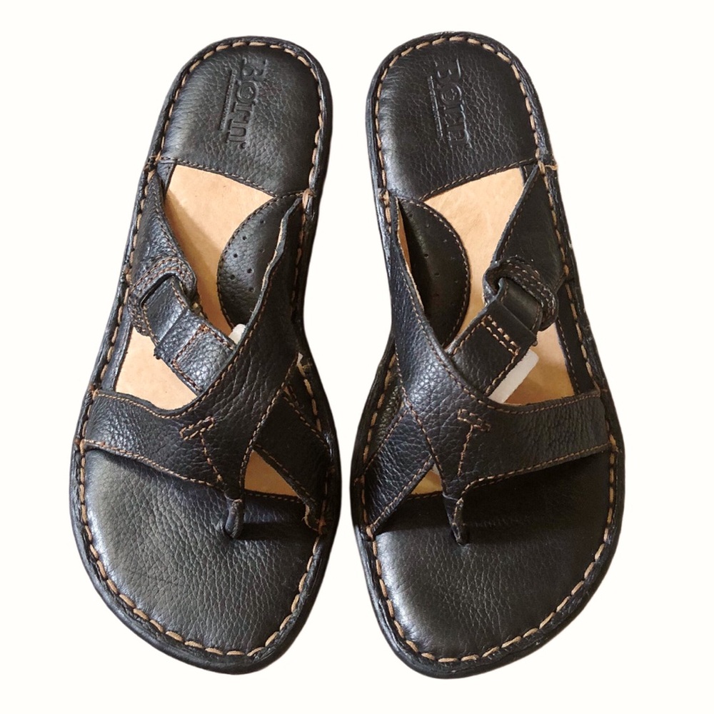 Born Dark Brown Leather Crisscross Thong Sandals Size 8